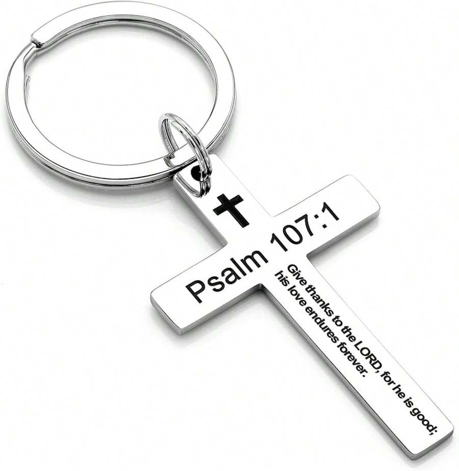 Llavero con versículo bíblico y cruz cristiana, llavero de cruz para hombres y mujeres con escritura religiosa, regalo de Navidad - Salmo 107:1 - Ver 1