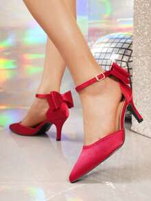 Burgundy Satin Bow Pointed Toe Ankle Strap High Heel Shoes For Women, Spring/Autumn - Burgundy - View 6