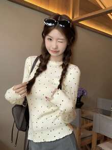 Autumn/Winter Korean Style Polka Dot Frill Trim Crew Neck Long Sleeve Knit Sweater Top (Random Polka Dot) - Apricot - View 2