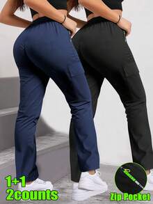 2 Stück Damen Frühling/Herbst Cargohosen mit Buchstaben-Muster, Reißverschlusstaschen, Tunnelzug Taille, Lässig Outdoor/Alltags Leggings