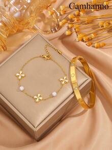 Camhanno 2 Luxurious And Elegant Stainless Steel Classic Style Bracelet Sets, Suitable For Dates, Parties, Gatherings, And Daily Commuting, Excellent Gifts For Romantic Dates, Vacations, Spring And Summer Clothing Matching, And Giving To Friends, Family, And Mothers