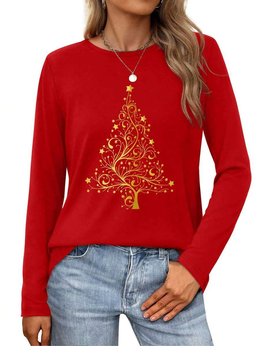 Golden Christmas Tree With Swirls And Stars On Gradient BackgroundWomens Long-Sleeve Crewneck T-Shirt - 紅色 - 查看 1