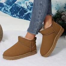 Botas de nieve con suela gruesa para mujer en invierno, nuevos zapatos de moda de unicolor con suela gruesa y cálidos, zapatos de plataforma, zapatos para caminar al aire libre, zapatos casuales y versátiles de tela, elevadores, botas forradas de tubo corto, botas de piel, botas de nieve marrones sencillas y de talla grande, de fácil puesta - Marrón - Ver 10