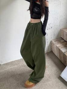 复古美式休闲宽松阔腿牛仔裤 - 軍綠色 - 查看 4