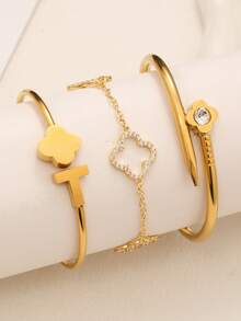 Elegant Fashionable Clover Nail Shape Hollow Zirconia Stainless Steel Women's Bracelet Set, Suitable For Daily Wear, Stacking, Couple Dates, Multi-Occasion Matching, And Gift Giving