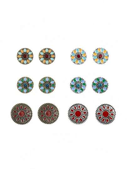 6 Pairs Vintage Style Assorted Color Enamel Floral Alloy Stud Earrings Set With Rhinestone Decor, Suitable For Formal, Casual And Holiday Occasions