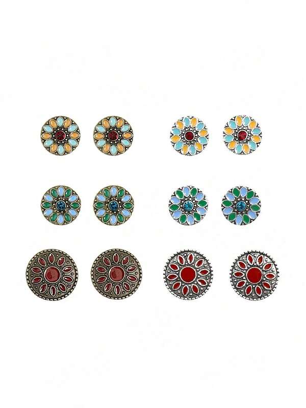 6 Pairs Vintage Style Assorted Color Enamel Floral Alloy Stud Earrings Set With Rhinestone Decor, Suitable For Formal, Casual And Holiday Occasions