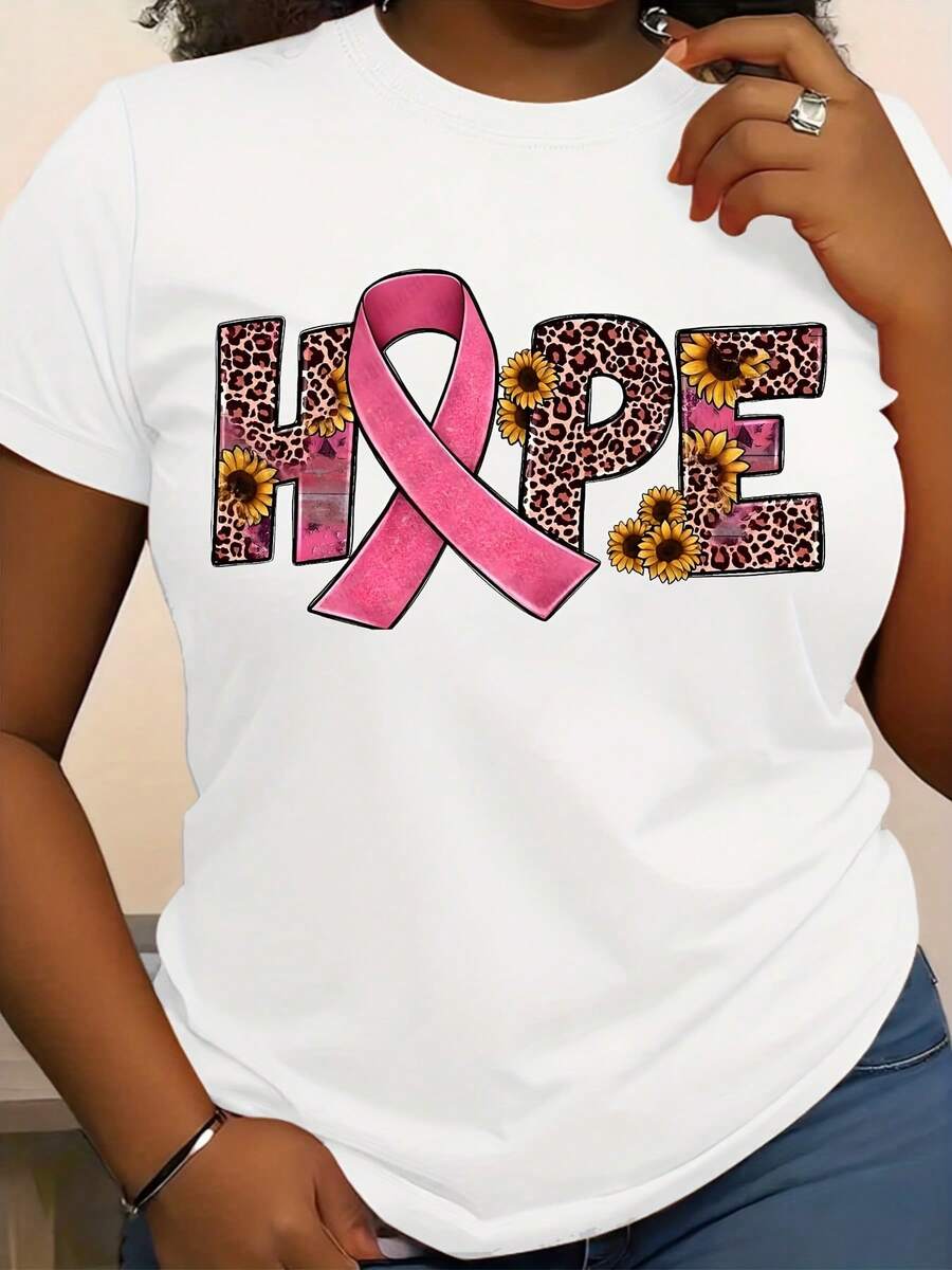 Women's Breast Cancer Graphic Print Crew Neck T-Shirt With Pink Breast Cancer Awareness Ribbon And "Hope" Leopard Print Sunflower T-Shirt. Perfect For Spring, Summer, Autumn, And Winter. Suitable For Charity Events And Breast Cancer Support. Low-Stretch Cotton Fabric (S-5XL).