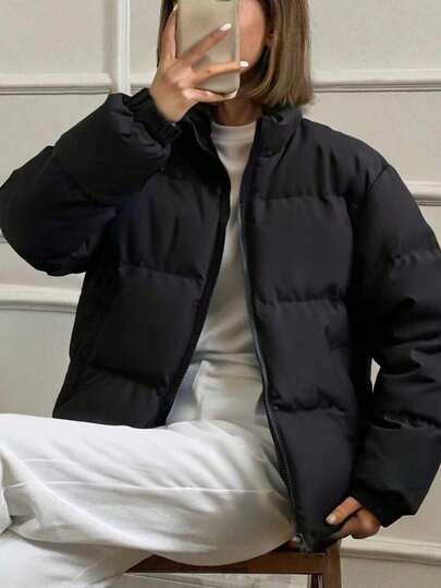 1 件青少年女孩简约舒适休闲户外立领羊毛加厚保暖夹克，秋冬