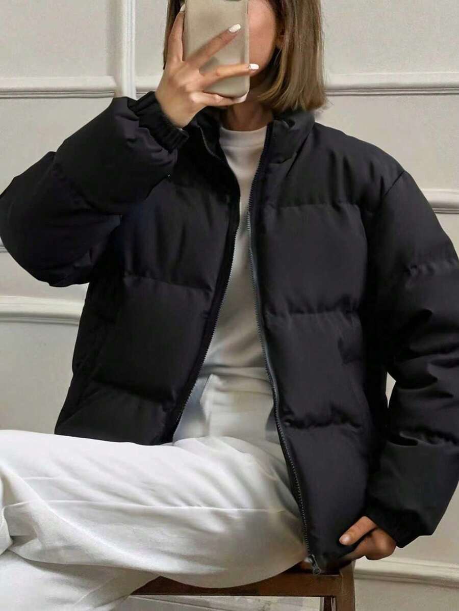 1 件青少年女孩简约舒适休闲户外立领羊毛加厚保暖夹克,秋冬 - 黑色 - 查看 1