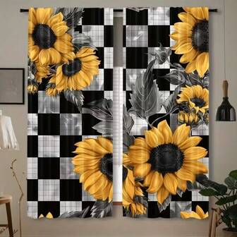 2pcs Checkerboard & Sunflower Print Curtains, Bedroom Living Room Kitchen Office Home Decor Window Curtain With Rod Pocket