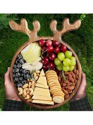 Wood Christmas Serving Platter With Antler Handle, Round Wooden Food Dish Plate, Decorative Charcuterie Board For Cheese Bread, Christmas Platter For Housewarming Decro Wedding,Wood Salad Charger Plates For Christmas Holiday Festive Serving Dish Decorative Round Dessert Trays,Coffee Table Decor,Fall Decor,Christmas Decorations,Christmas Gifts