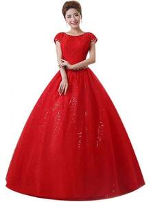 Double Shoulder Floor Length Bridal Gown Wedding Dress Custom Size - 紅色 - 查看 1