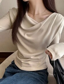 Plain Casual Draped Rib Knit Asymmetrical Everyday - Cream - View 2