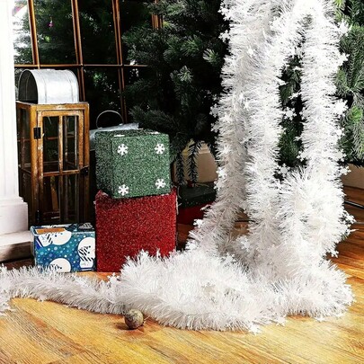 78.74FT Christmas Tinsel Garland,White Metallic Twist Garland With Snowflakes For Tree Fireplace Home Decoration