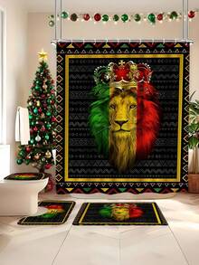 4 pièces Ensemble de salle de bain avec imprimé géométrique couronne et lion, rideau de douche imperméable avec crochets, tapis en U, housse de siège de toilette, tapis en L, accessoires de salle de bain, décoration de salle de bain, décoration de Noël