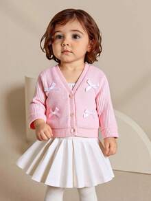 SHEIN Elladie kids V-Neck Cardigan For Baby Girls, Solid Color, Bow Decor, Long Sleeve, Button Front, Knitted Sweater Jacket, Spring/Autumn - Baby Pink - View 5