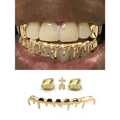 1件/套 氧化锆十字架和光滑单颗水滴形牙齿饰品，男女通用嘻哈配饰，情人节礼物，派对/夜店装饰，可调节尺寸，趣味舞台道具 欧美嘻哈套装，个性化金牙，万圣节酷炫假牙，朋克镀金，（随机发货）