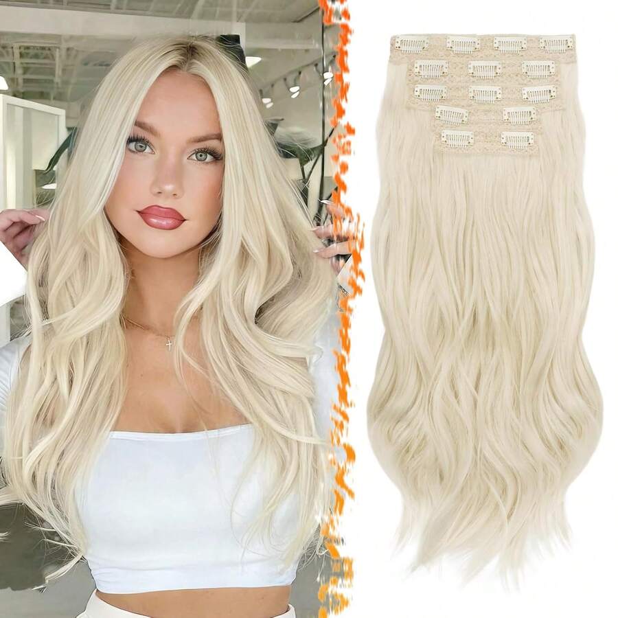 FESHFEN Clip-In Extensions, 50 Cm Wavy Clip-In Hair Extensions Blonde For Women, 5 Pieces, Natural Hair Extensions, Synthetic Hairpiece, Hair Extensions - Platinum Blonde Mixed - View 1