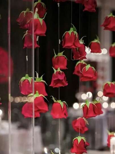 10/20 قطعة/مجموعة ديكور وردة حمراء معلقة، 20 وردة حمراء + 1 قطعة سلك حديد شفاف 3 أمتار، مناسبة لديكور حفل الزفاف DIY، حفل استقبال العروس، باقة الزفاف، الديكور المركزي، ديكور السقف، خلفية صور الزفاف، حفل عصابة العروس، ديكور عيد الميلاد