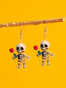 1 Pair Cute & Funny Acrylic Skeleton With Rose Flower Earrings, Suitable For Halloween Wear