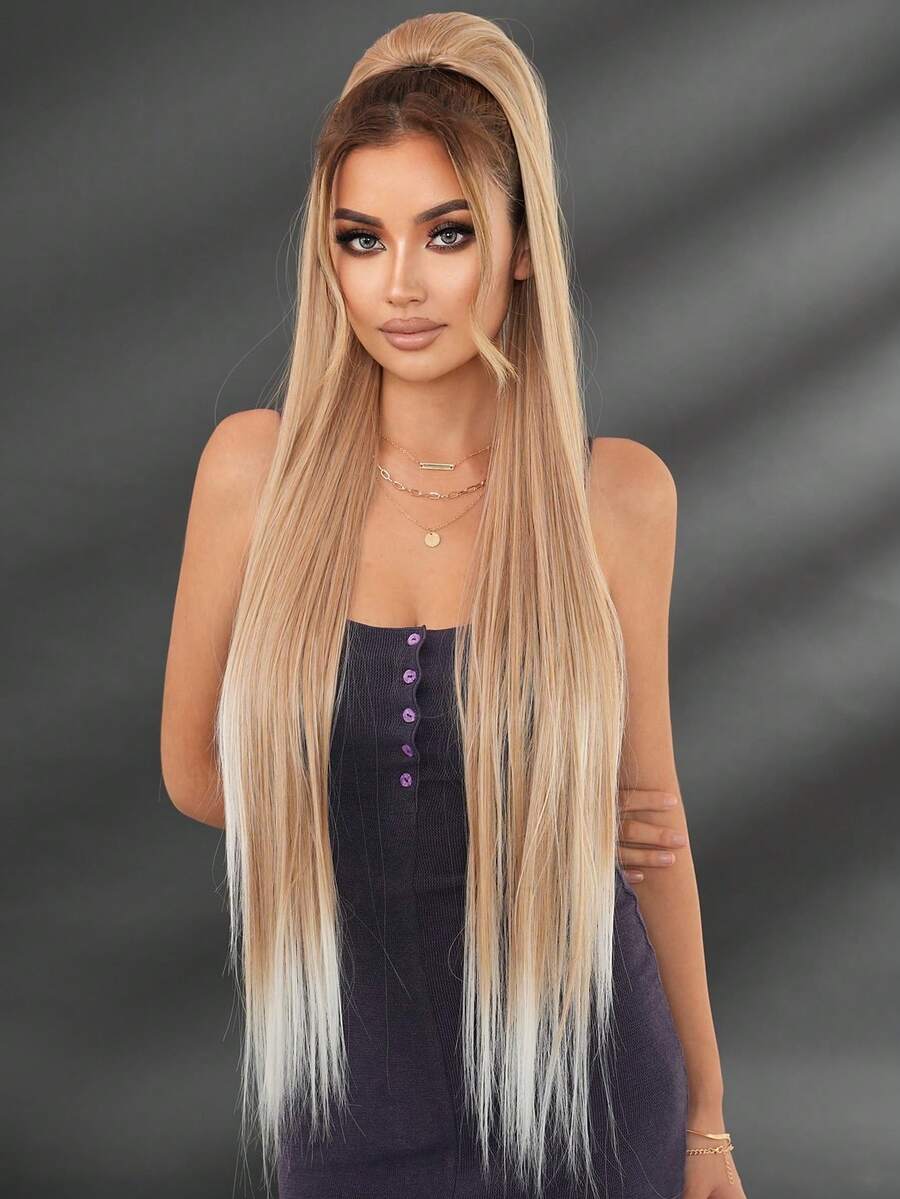 PIAOYUN 抽绳马尾接发 40 英寸浅棕色渐变白色长直发夹式接发柔软自然合成假发适合女士女孩派对日常使用 - 挑染白色 - 查看 1