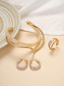 4pcs Fashion Resin Drippy Gold Earrings, Rings, Bracelets & Cuff Bracelet Jewelry Set, Matching Bracelet & Ring Set, Minimalist Chunky Bracelet & Ring Set, Suitable For Girl