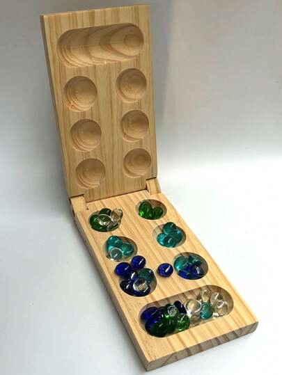 Mancala Board Game - Fun Classic Table Game With Wooden Board For Adults - 48 Glass Mancala Beads & 2 Player Games