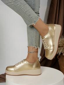 Women's Solid Color Fashion Shoes, Lace-Up Low-Top Thick-Soled Wedge Shoes, Round Toe Versatile Flats - Gold - View 5