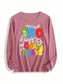 100 Days Of Crayon Fun  A Colorful Journey Womens Long-Sleeve Crewneck T-Shirt - 珊瑚粉 - 查看 1