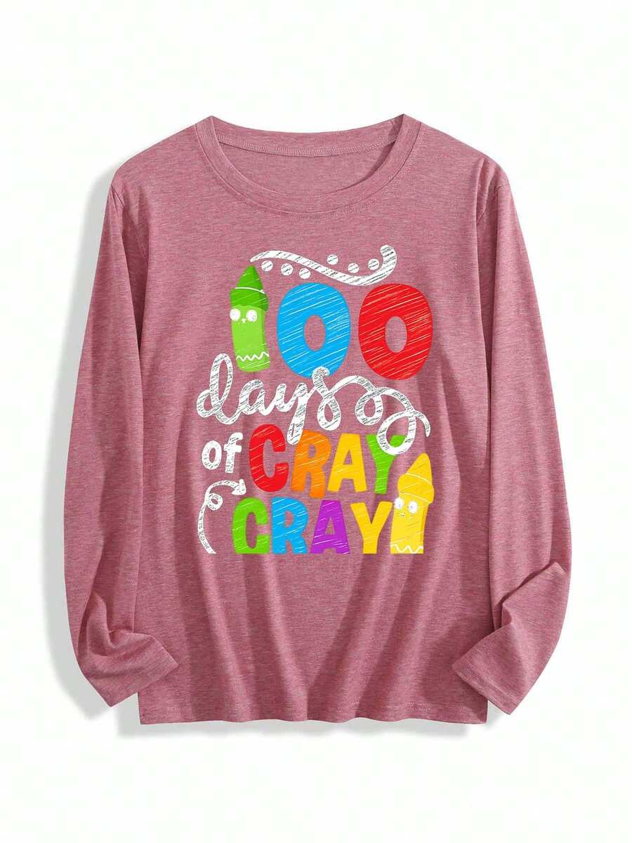 100 Days Of Crayon Fun  A Colorful Journey Womens Long-Sleeve Crewneck T-Shirt - 珊瑚粉 - 查看 1