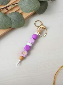1pc Daisy Boho Style Silicone Wooden Bead Keychain Pendant Backpack Hanging Accessory, Keyring Anti-Lost, Teacher's/Mother's Day Gift School Car Accessories Cute Goth Y2k - Multicolor - View 27