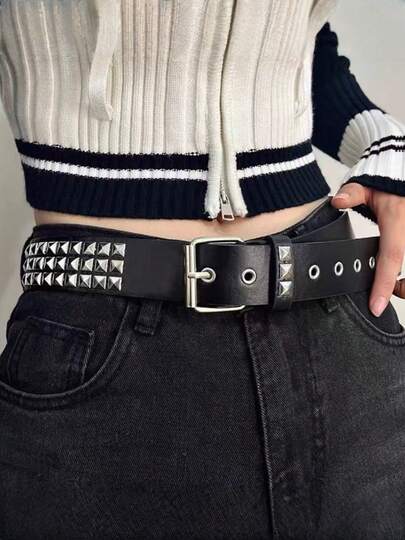 European And American Square Beaded Rivet Belt, Metal Pyramid Belt, Punk Metal Jeans Belt, Street Style, Suitable For Men And Women Of All Seasons
