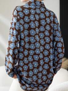 Casual Loose Retro Floral Pattern Design Polyester Long Sleeve Plus Size Women Shirt Spring Vacation Brown - Brown - View 4