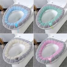 4-Piece Set Of Soft Toilet Seat Cushion, Thickened, Warm, Elastic, Washable Cloth Toilet Seat Suitable For All Oval Toilet Seats. Elastic Washable Toilet Seat Cushion Cover With Handle, Comfortable Toilet Seat Cover, Bathroom Toilet Accessory Set - 彩色 - 查看 5