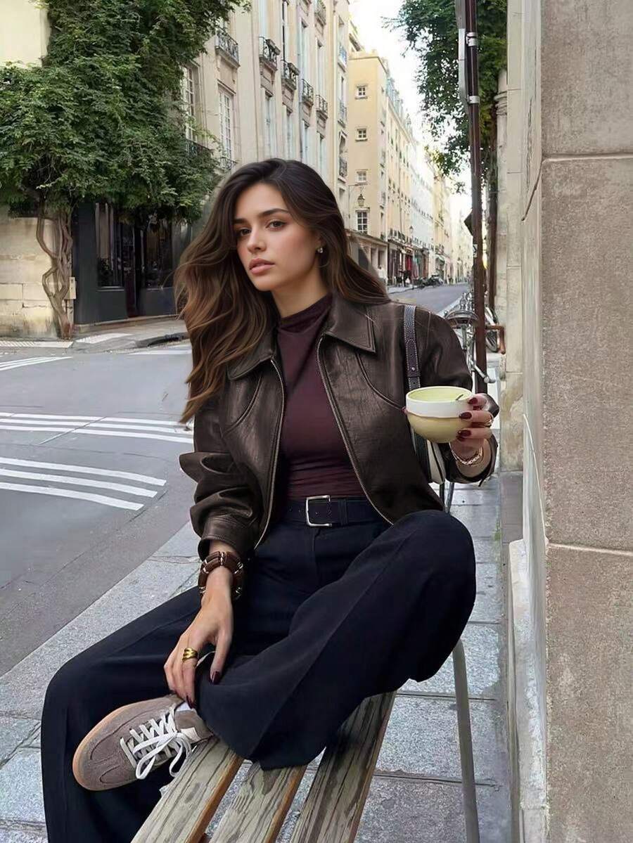 Chaqueta corta de cuero de color café oscuro con cuello de solapa y cremallera, estilo casual y chic retro manierista para mujer en primavera - Marrón oscuro - Ver 1