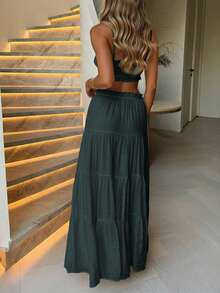 Look Polly 女士两件套，纯色无肩带吊带上衣和长裙，夏季/返校季穿搭，秋季 - 墨綠色 - 查看 7