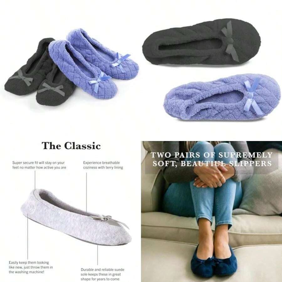 Isotoner Women's 2 Pack Mictroterry Ballerina Slipper With A Satin Bow(9.5-10.5 Periwinkle Quilted, Ash Solid) - Type1 - 查看 1