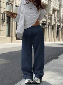 Sulojter Casual Loose Solid Color Elastic Waist Sweatpants - Dusty Blue - View 5