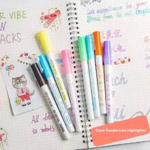 ​​Set de 8 Marcadores de Doble Línea - Marcadores de Contorno Profesionales| Colores Vibrantes Intensos| Ideal para Lettering, Manga y Manualidades| Trazo Preciso 0.5mm y 1.0mm| Incluye: Amarillo, Verde, Rosa, Azul Cielo, Azul, Morado, Naranja y Negro​​ - Colocar - Ver 5