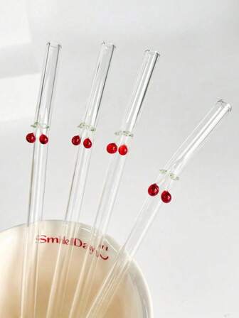 2PCS Sweet Cherry Charm - Shatter-Resistant Bent Glass Straw Set | Reusable Glass Straws With Cleaning Brush | Elegant For Cocktails, Smoothies & Cold Drinks | Christmas Party Supplies, Holiday Celebrations, Wedding Events & Outdoor Use | Transparent & Durable Drink Accessories, Fun Glassware, Natural-Inspired Decor