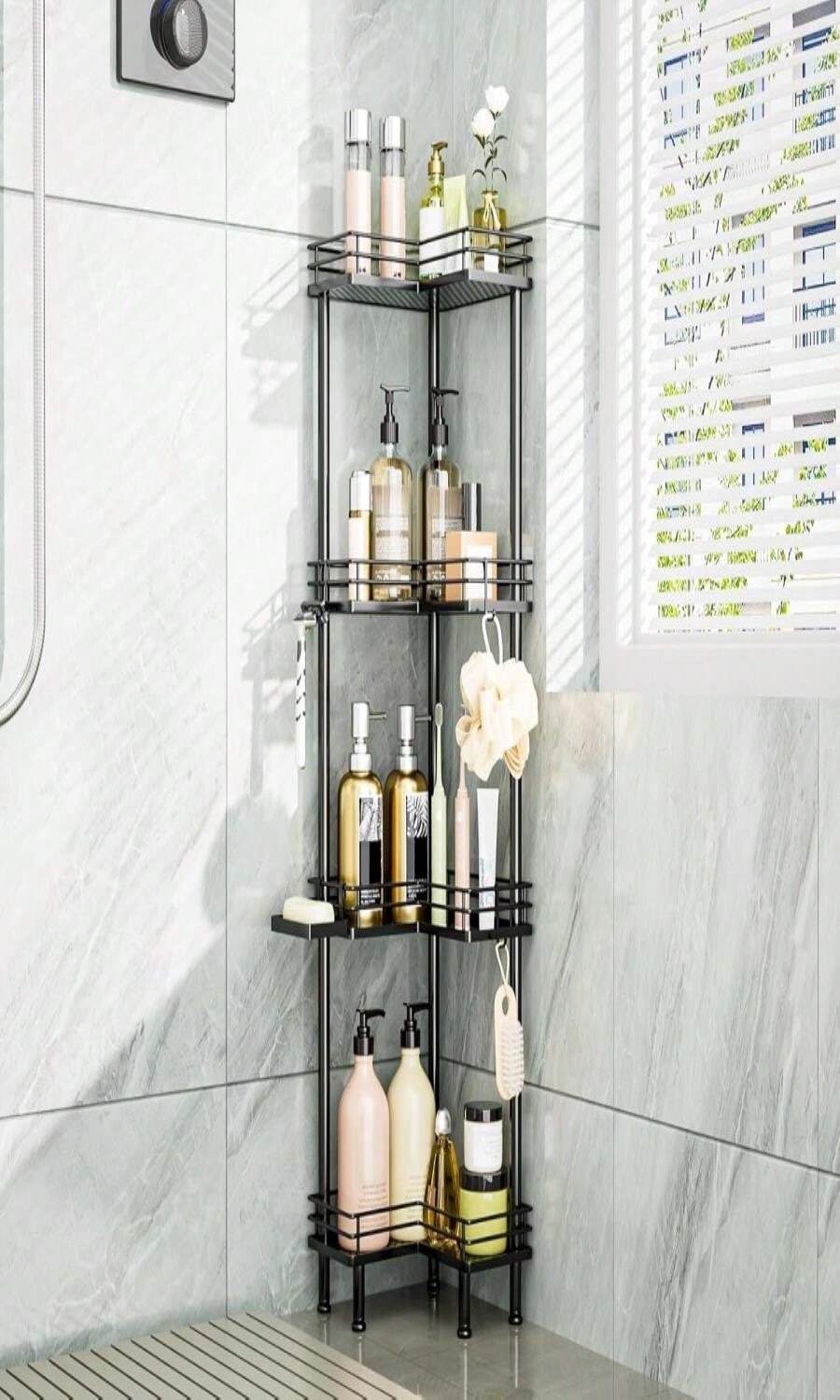 Consumest Corner Shower Caddy Standing - 3-Tier Stainless Steel Shower Organizer With Soap Holder And 4 Hooks, Large Capacity Corner Shelf Stand For Bathroom, Rest Room, Black - ColorA - 查看 1