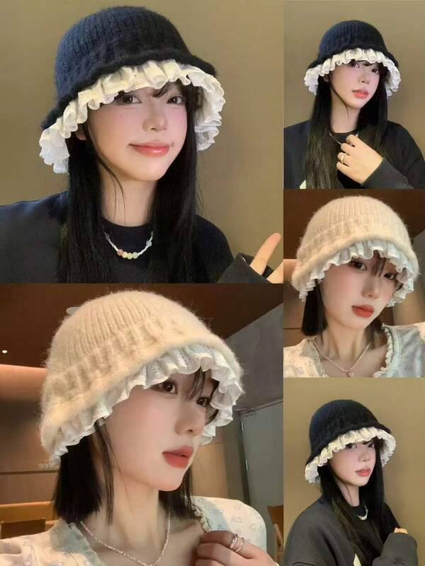 Neue Mode vielseitige minimalistische koreanische Stil Ins Blogger lässige gestrickte Fischerhut für Frauen, süße Spitzenborte schmeichelhafter warmer gestrickter Fischerhut, Herbst/Winter koreanischer Stil gestrickter Hut mit großem Kopfumfang Zubehör für den Winter
