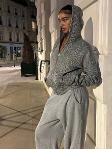 Women's Y2K High Street Kangaroo Pocket Sweatshirt, Women's Leopard Print Long Sleeve Jacket - Grey - View 1