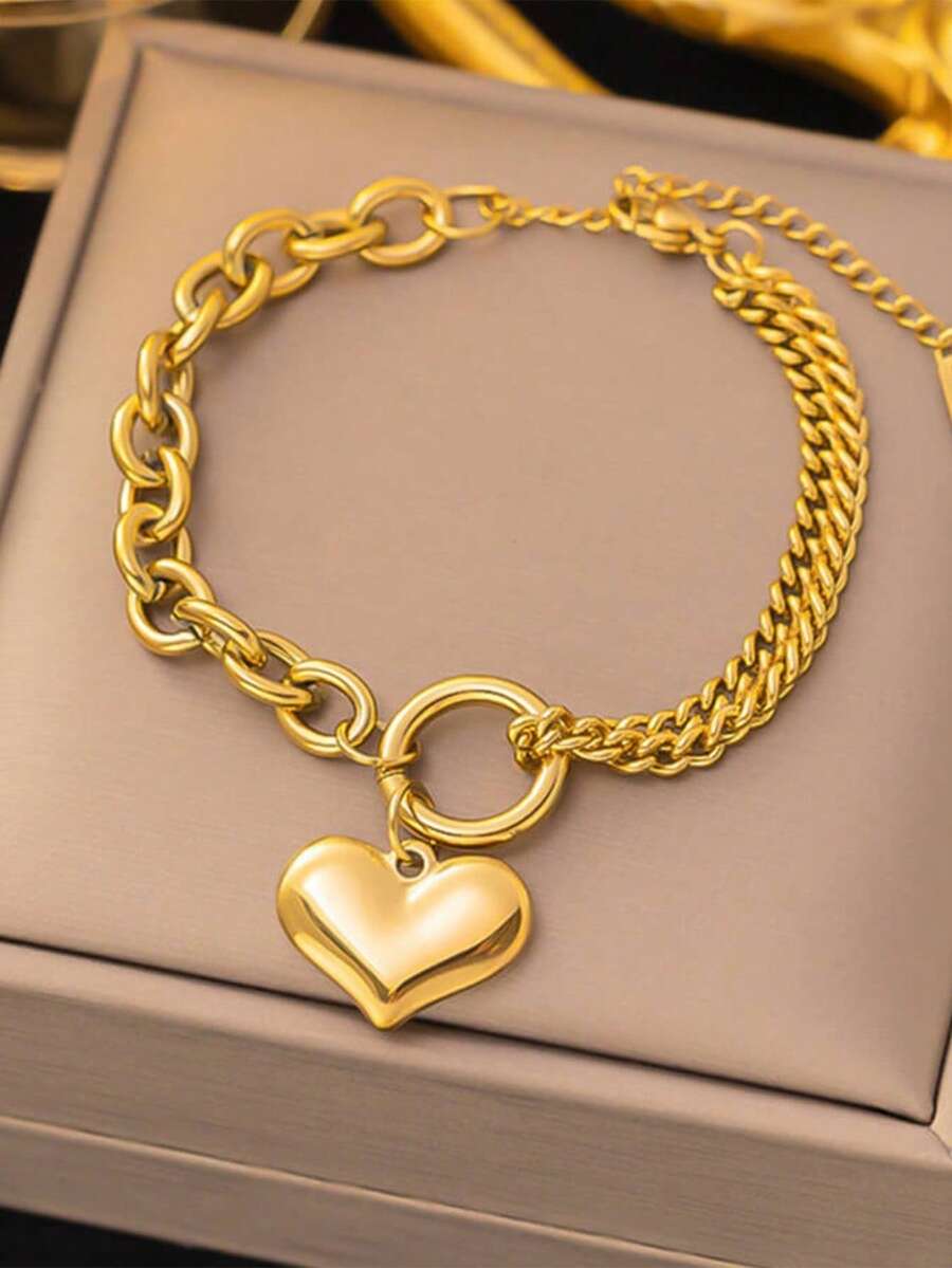 1pc Stainless Steel Heart Charm Bracelet, Suitable For Women