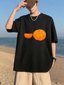 Men's Orange Print T-Shirt With Mandarin Slices And Whole Fruit, Black And White, 100% Cotton, Unisex, Stylish For Summer - Black - View 3