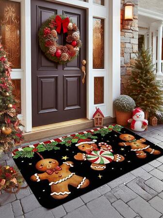 1件圣诞糖果姜饼图案装饰地毯，现代加厚吸水速干玄关地毯，圣诞装饰，门垫，防滑厨房垫，可机洗，易于清洁，适用于客厅、卧室、厨房、浴室、玄关、派对、节日、礼品、圣诞装饰、家居装饰