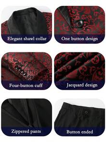 3 Pcs Men Suit Jacquard Blazer Jacket Pants Necktie Shawl Collar Floral Pattern Flap Pockets For Wedding Evening Party Banquet Classic Style - 紅色 - 查看 3