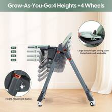 Cochildor 3-In-1 Foldable High Chair For Babies & Toddlers – Adjustable Height, Reclining Seat, 5-Point Safety Harness, Removable Tray, Lockable Wheels, Washable Cushion – Portable & Easy,Green/White/Black - 綠色 - 查看 4