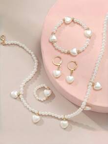 Heart Shaped Pendant & Pearl Jewelry Set For Children, Including Necklace, Bracelet, Ring And Earrings